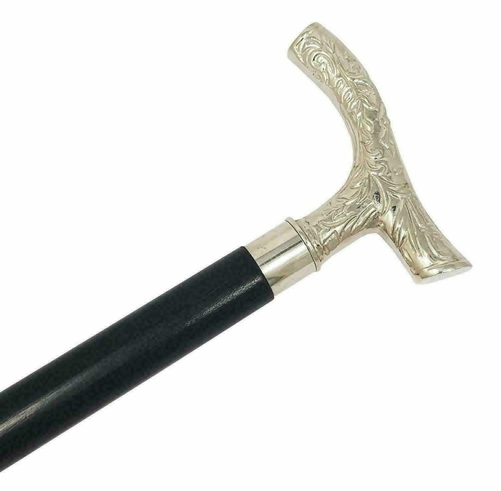 Victorian Cane Wooden Walking Stick Vintage Solid Brass Handle handmade Silver