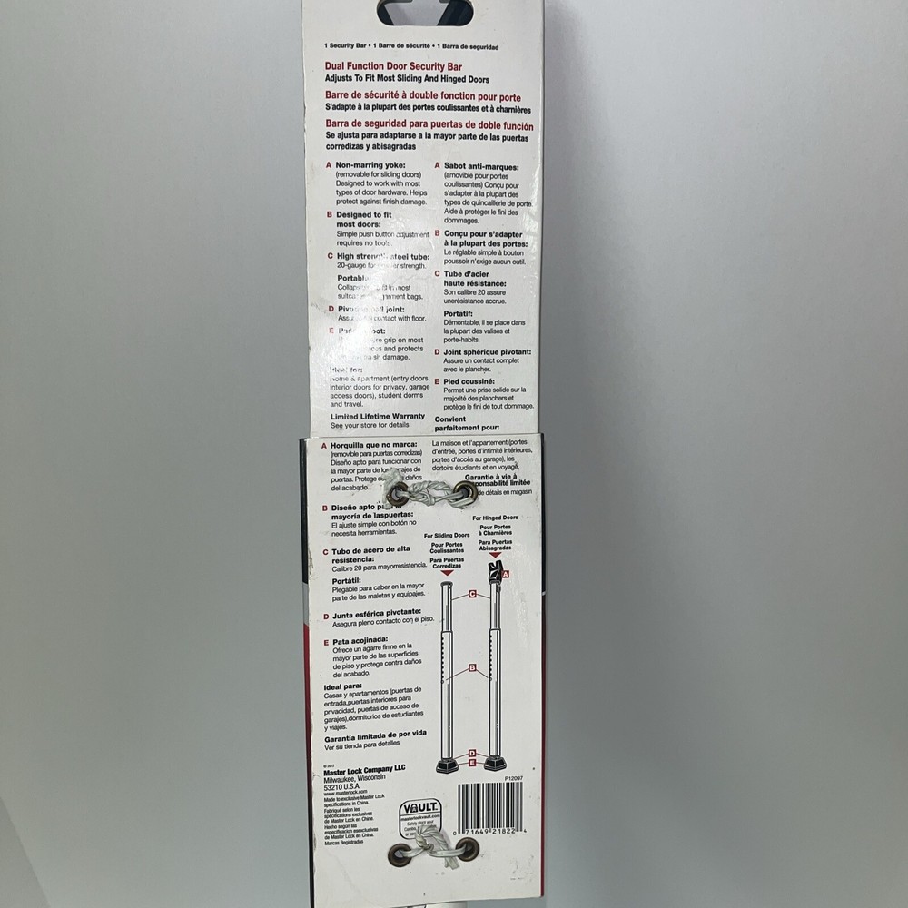 MASTERLOCK Dual Function Door Security Bar NEW