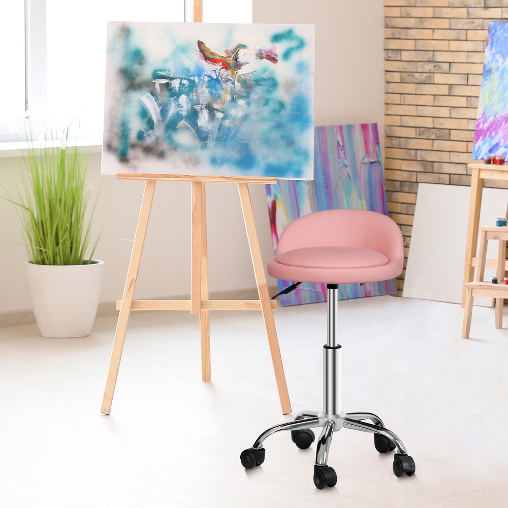 Rolling Stool Adjustable Height Hydraulic Swivel Salon Stool with Backrest Pink