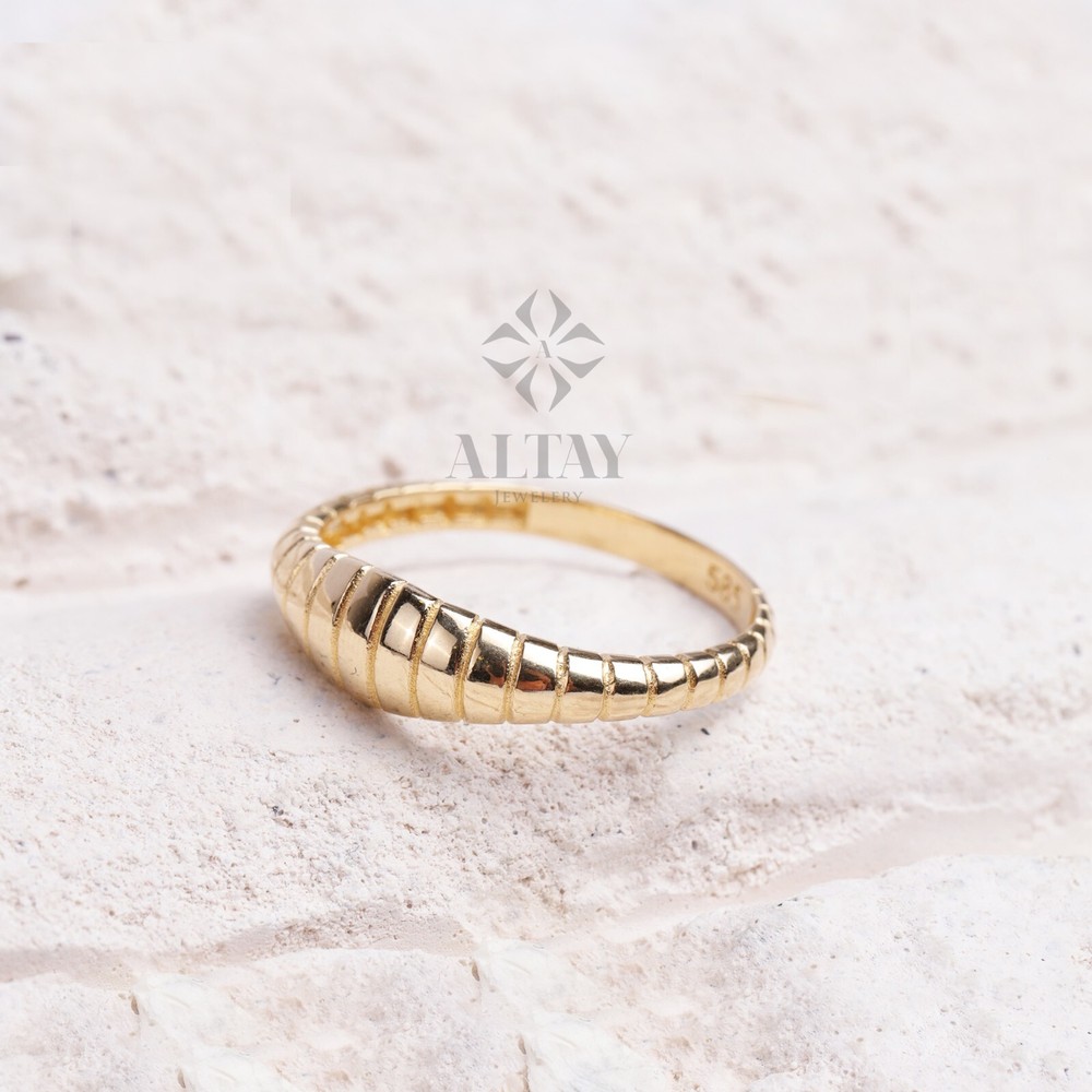14K Gold Tiny Croissant Ring, Gold Ribbed Band, Twisted Dome Ring, Statement