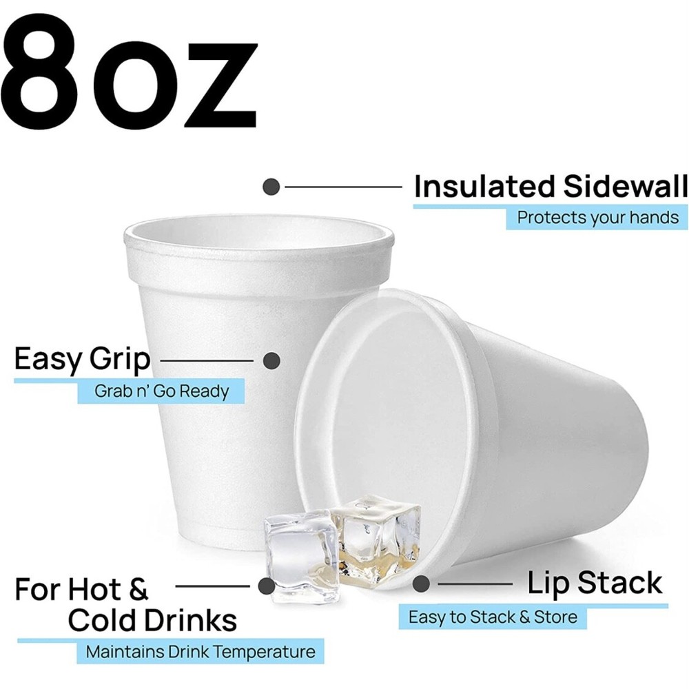8 oz Disposable Foam Cup White Styrofoam Drinking Hot and Cold Cups