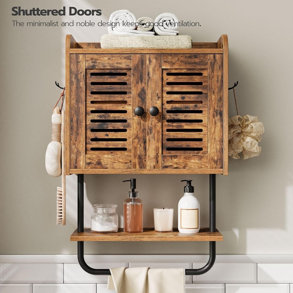 Bathroom Wall Cabinet, Double Doors Cabinet with Towel Bar, Rustic Brown