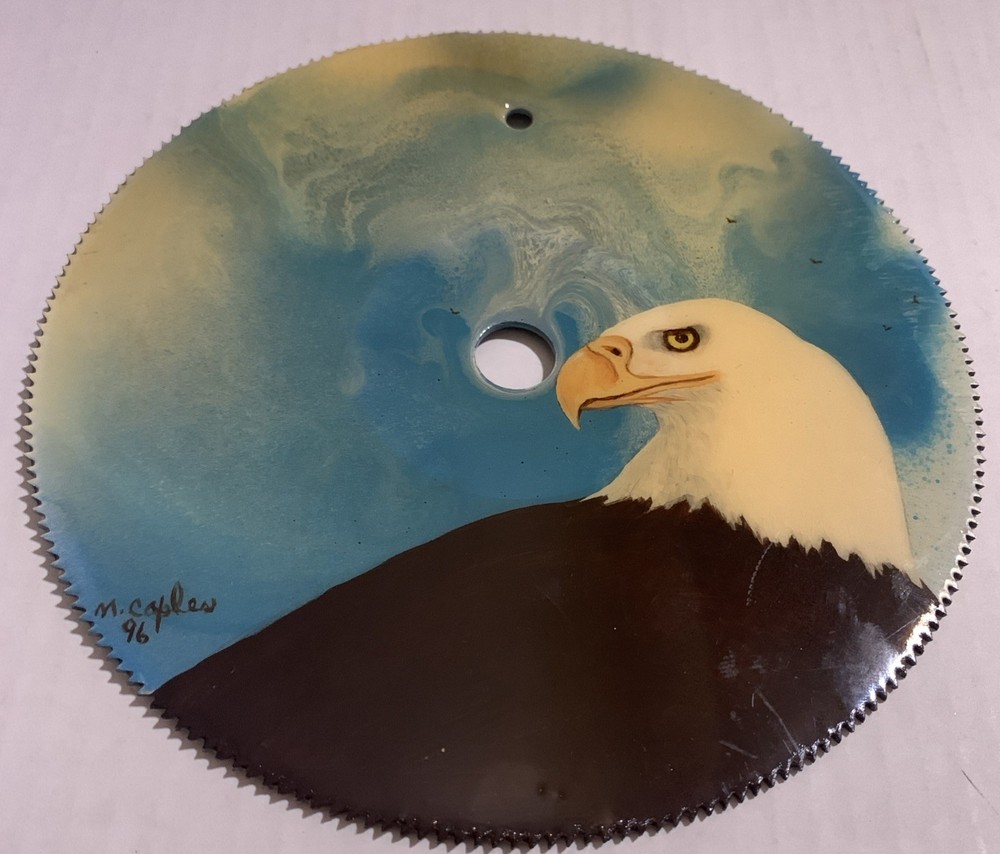 Vintage Folk Art Painted  Eagle on Saw Blade signed,