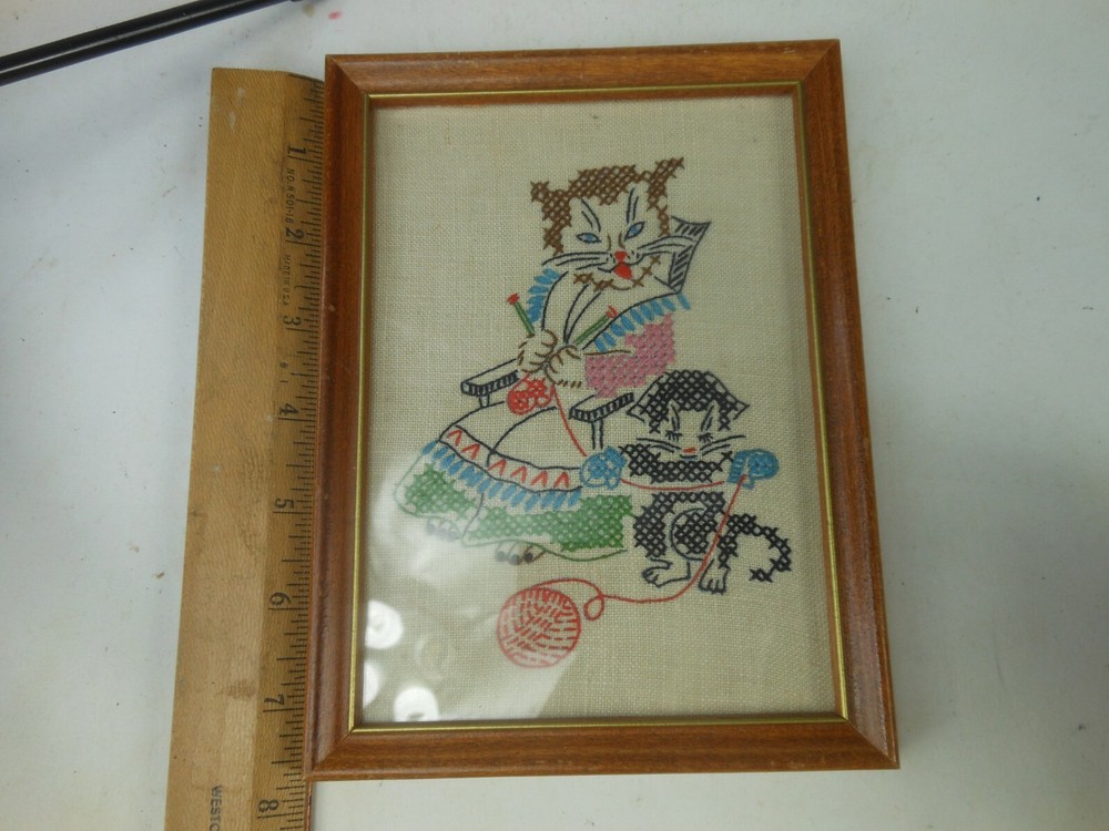 Vintage Cross Stitch Cats Knitting Framed Needlepoint Kitten