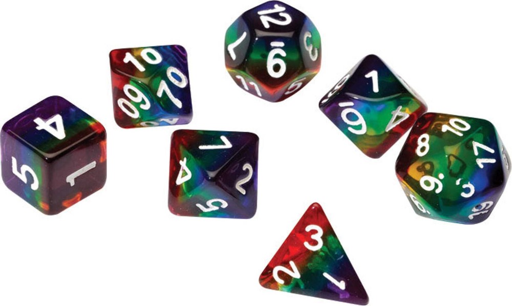 7 + 1 Translucent Resin Poly dice Set - Rainbow, White pips - Sirius Dice