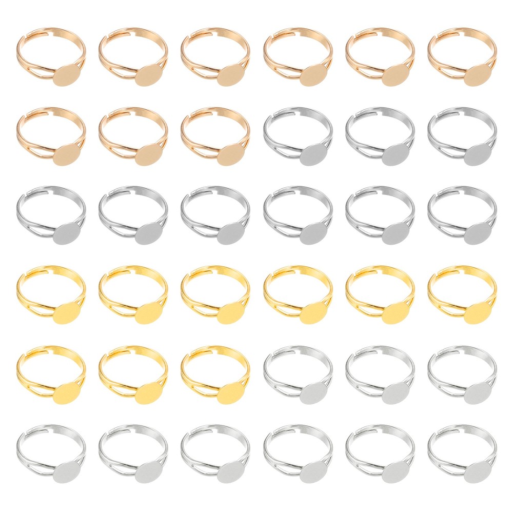 40 Pack 8mm Adjustable Blank Rings, Silver, Gold, White, Light Gold