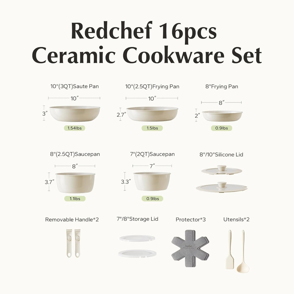 Nonstick Ceramic Cookware Set 16Pcs with Detachable Handle