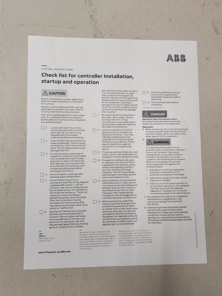 ABB Type 3R Enclosure Rainproof Pumping Plant Panel CR341D044CAA1AA New