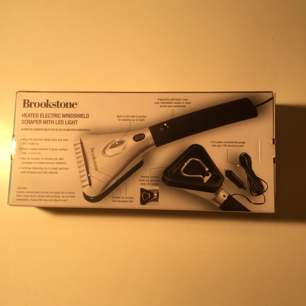 NEW-Brookstone Heated Electric Windshield Scraper with LED Light-Snow Ice Melter