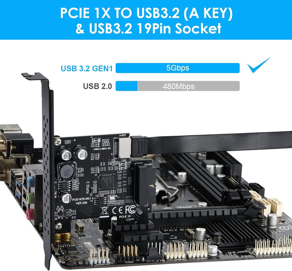 PCI-E 1X to USB 3.2 GEN1 5Gbps 20Pin Front Panel Header (To Type-C Front Panel H