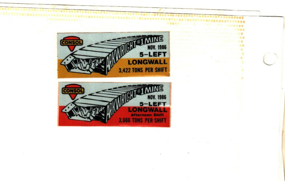 NICE SET OF 2 LONGWALL ARKWRIGHT CONSOL COAL CO. COAL MINING STICKER # 325