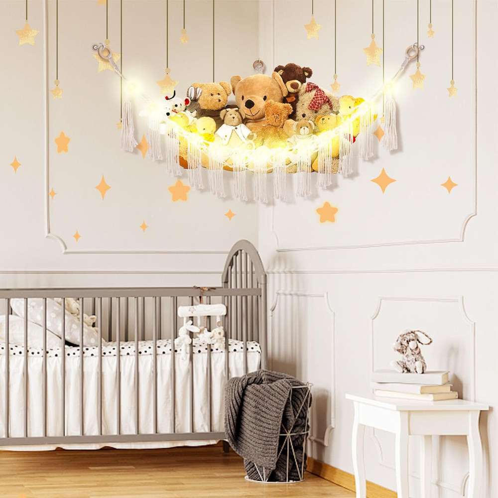 Stuffed Animal Hammock with LED Light, Large Stuffed Animals Storage Corner Plus
