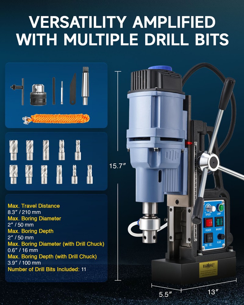 CREWORKS Magnetic Drill Machine MD50 Stepless Speed Bi-Directional HSS Bits Set
