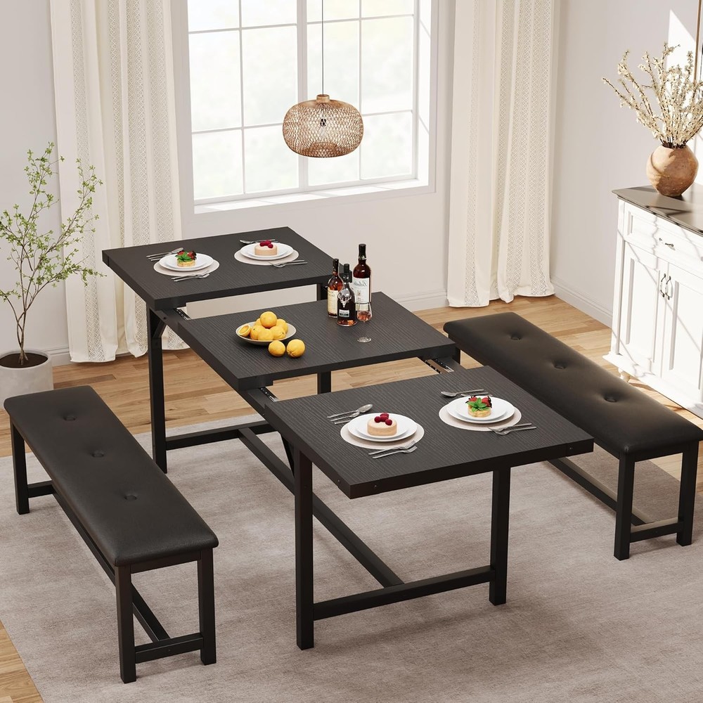 63 in Extendable Dining Table Set for 4-6 People 3-Piece Kitchen Table Set Black