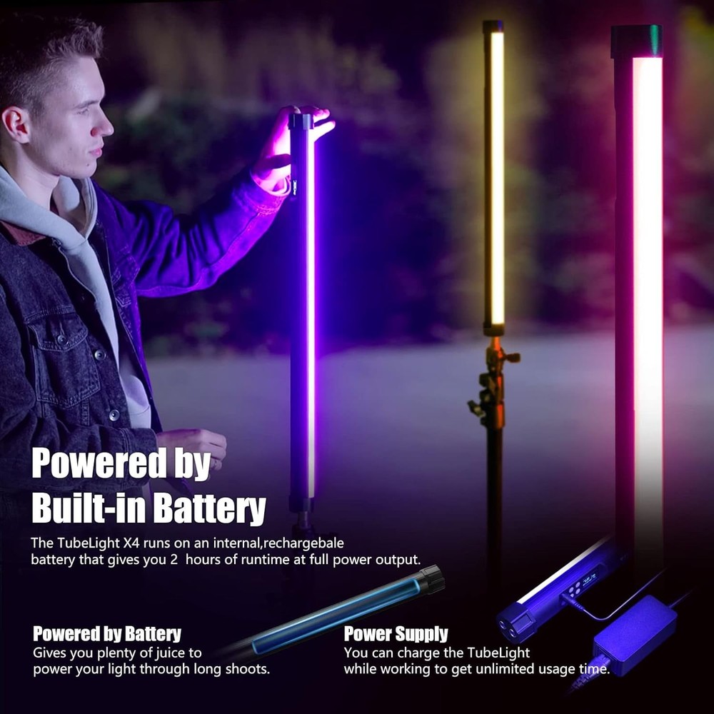 RGB Tube Video Light 4ft App Control Rechargeable Studio Light