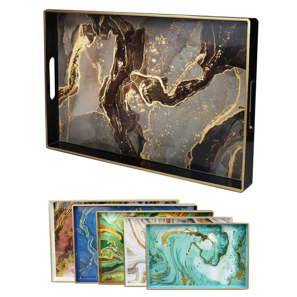 Leemxiiny Black Marbling Decorative Tray w/ Handles - Modern Plastic Rectangular