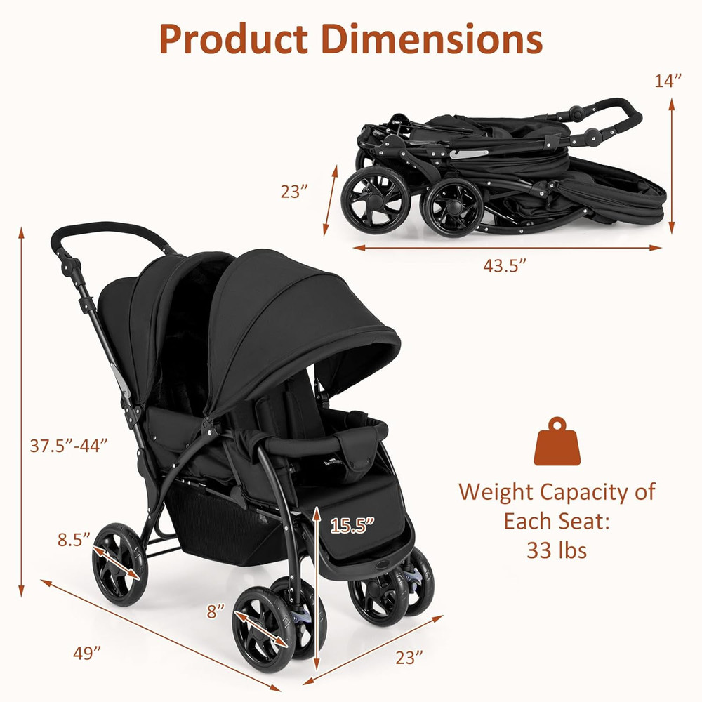 Compact Foldable Twin Stroller with Canopy & Safety Features - Black