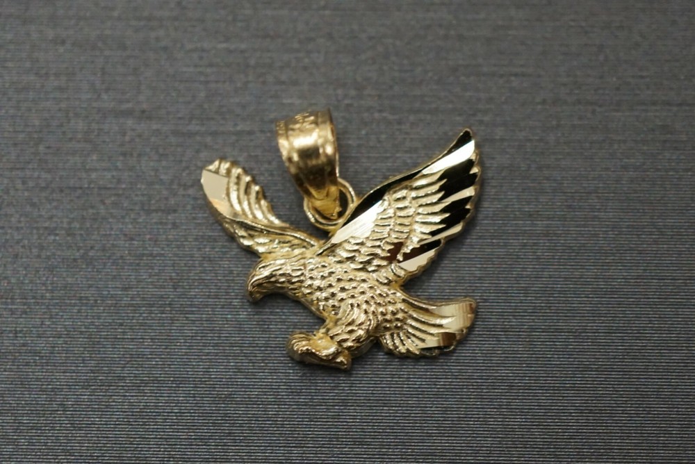 14K Solid Yellow Gold 0.5" Tiny Diamond Cut Eagle Charm Pendant.