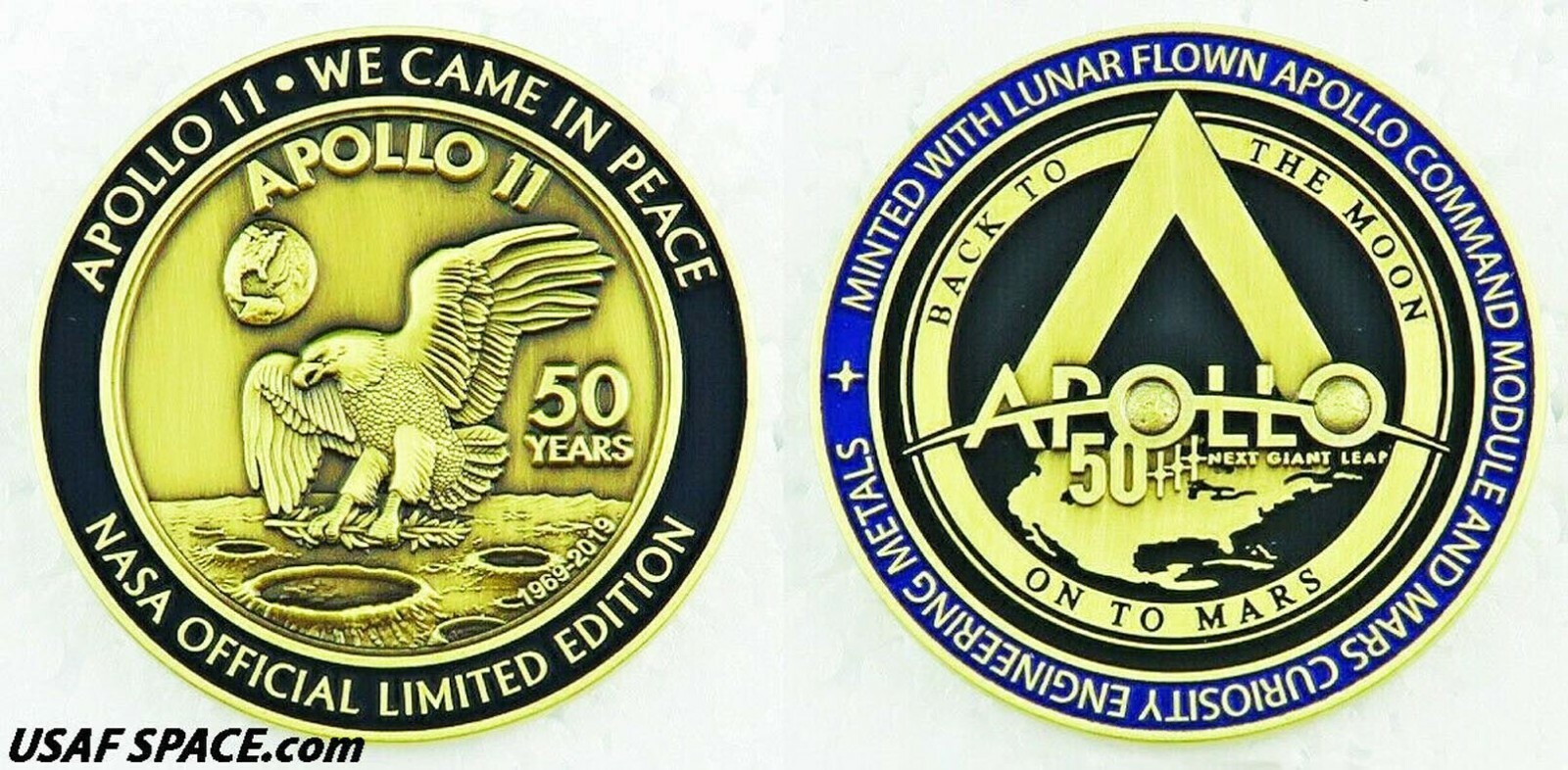 APOLLO 11 50th Anniversary-BACK TO THE MOON-LUNAR FLOWN METAL MEDALLION - W/COA