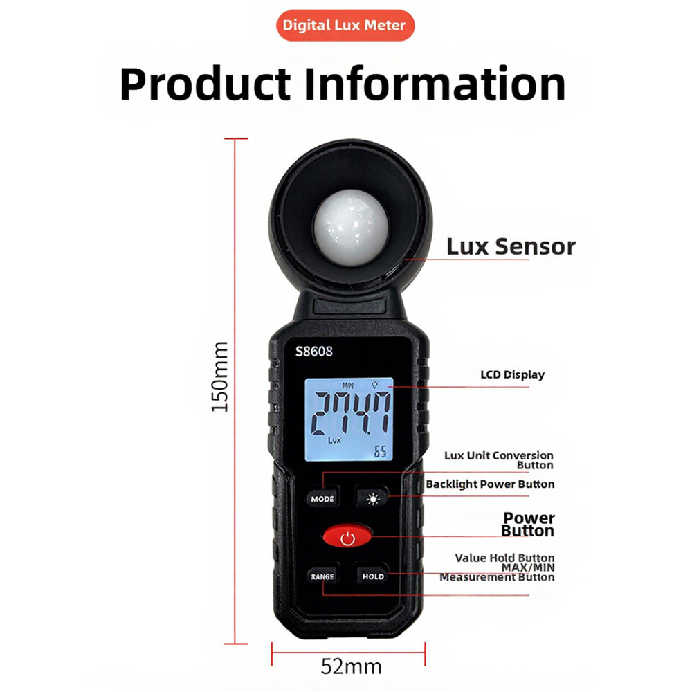 S8608 Digital Lux Meter Backlit Screen High Sensitivity Sensor Reliable