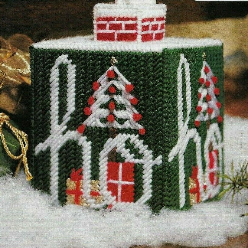 HO HO HO TISSUE BOX COVER CHRISTMAS PLASTIC CANVAS PATTERN INSTRUCTIONS