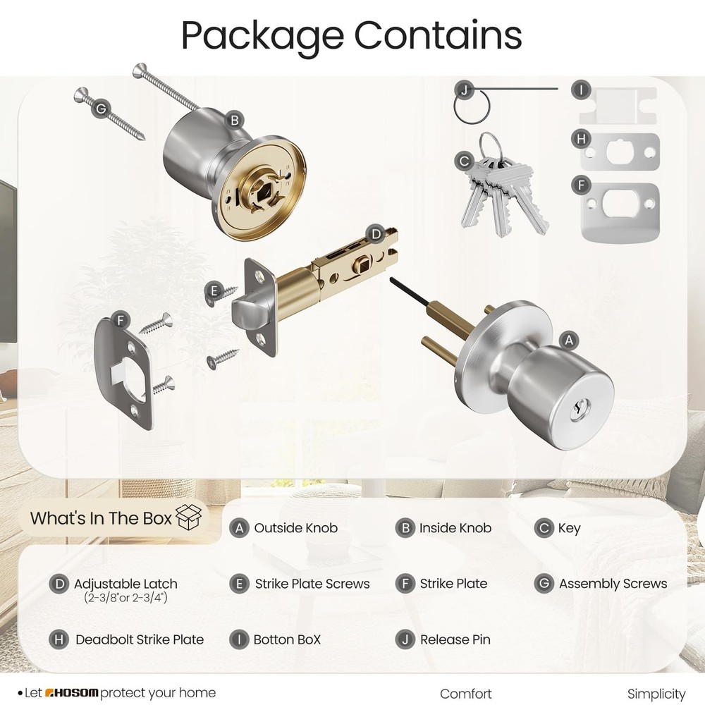 HOSOM Door Knobs with Lock and Key, Keyed Entry 2 Pack, Satin Nickel