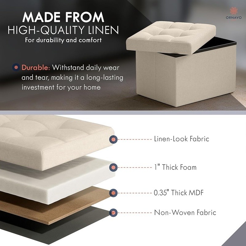 Foldable Storage Ottoman Multi-Use Footrest Comfortable Linen Rectangular Design