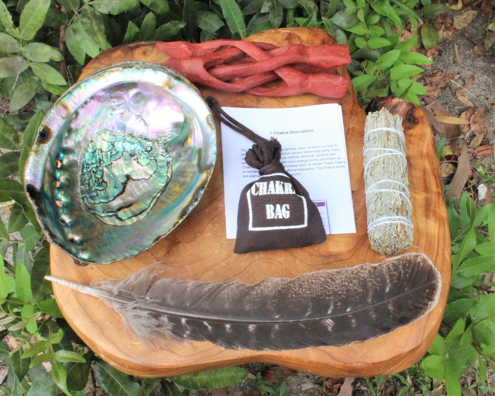 SMUDGE KIT: ABALONE SHELL STAND BLUE SAGE FEATHER AND 7 CHAKRA CRYSTALS