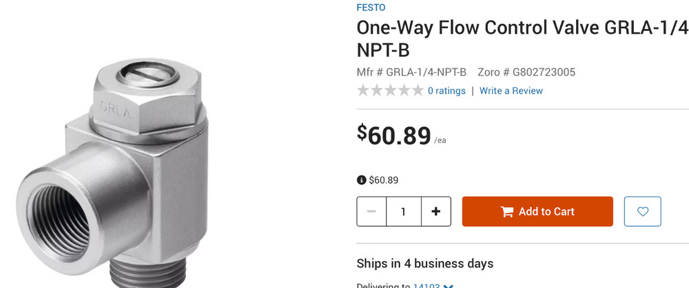 ( FESTO #GRL-1/4NPT) One-Way Flow Control Valve FITTING