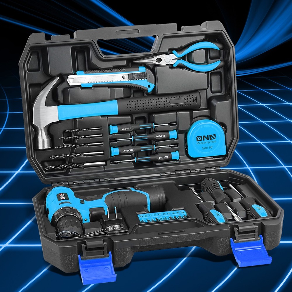 Blue Portable Household Toolbox Cordless Drill+Bits 27-Piece Hand Tool Package