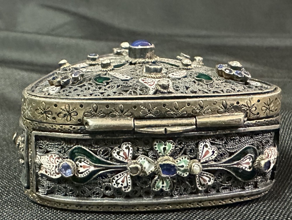 Antique Austrian Jeweled Silver Box Enameled Triangular with Great Work