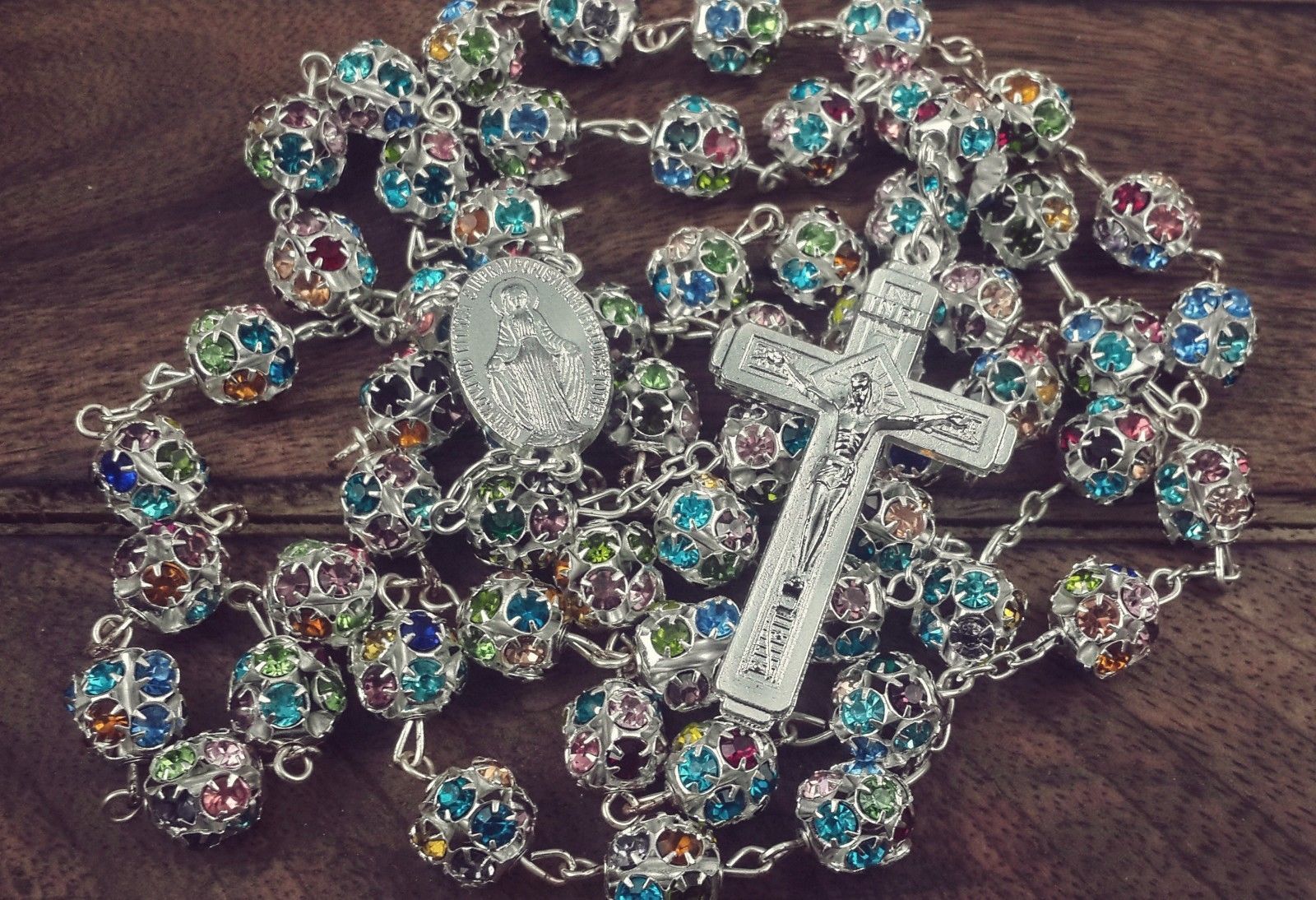 Colorful Zircon Beads Silver Rosary Catholic Necklace Miraculous Medal Cross