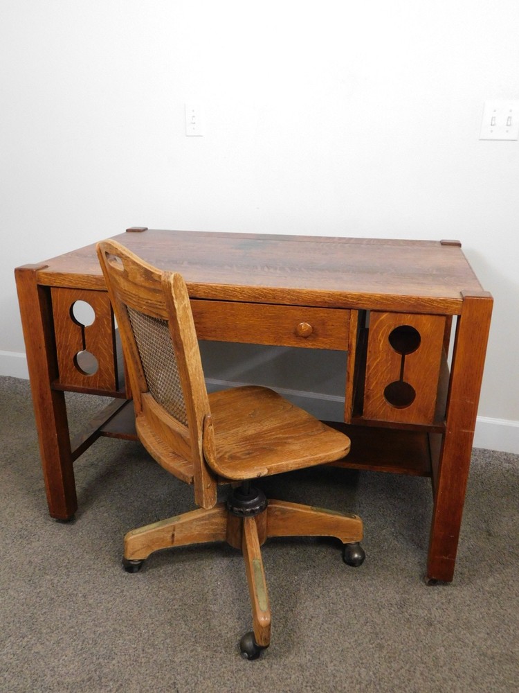 Antique 1920s Arts Crafts Mission Solid Oak Bookcase Desk Library Console Table