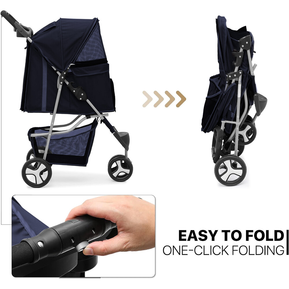 3/4 Wheels Foldable Pet Strollers Cat Dog Cage Strollers w/ Cup Holder & Basket
