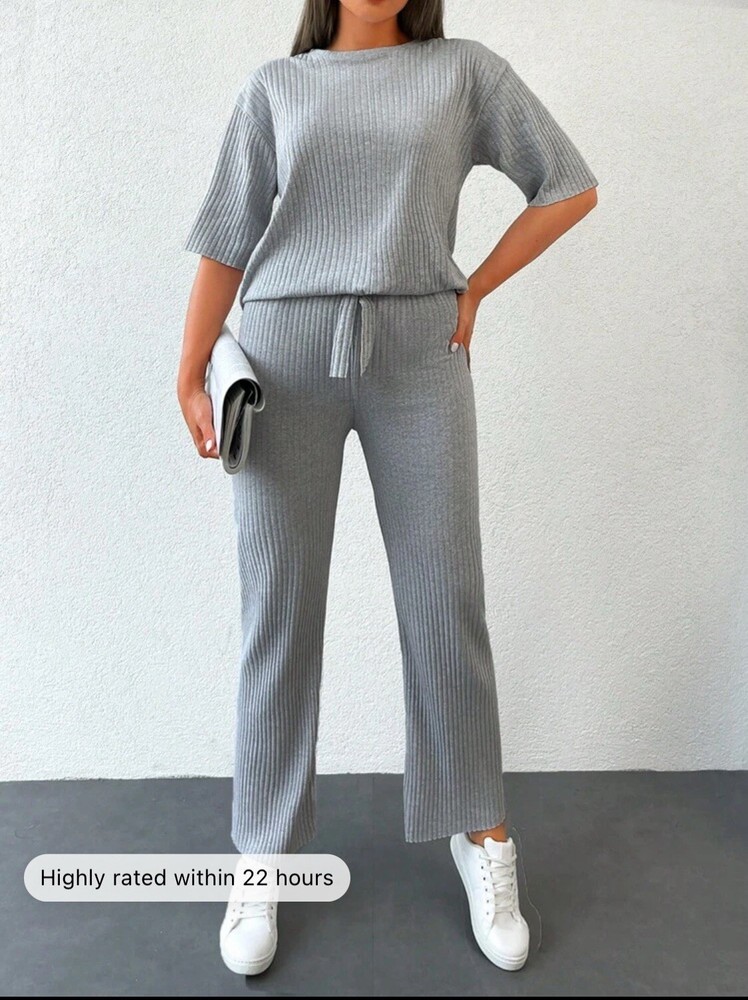 Drop Shoulder Rib-Knit Tee and Trousers Set