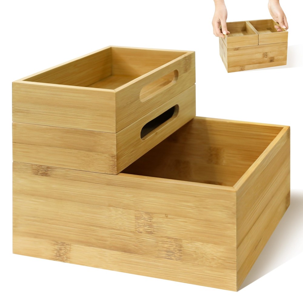 3-Piece Stackable Bamboo Storage Box, Office Desk Organizer, Wooden Boxes for...
