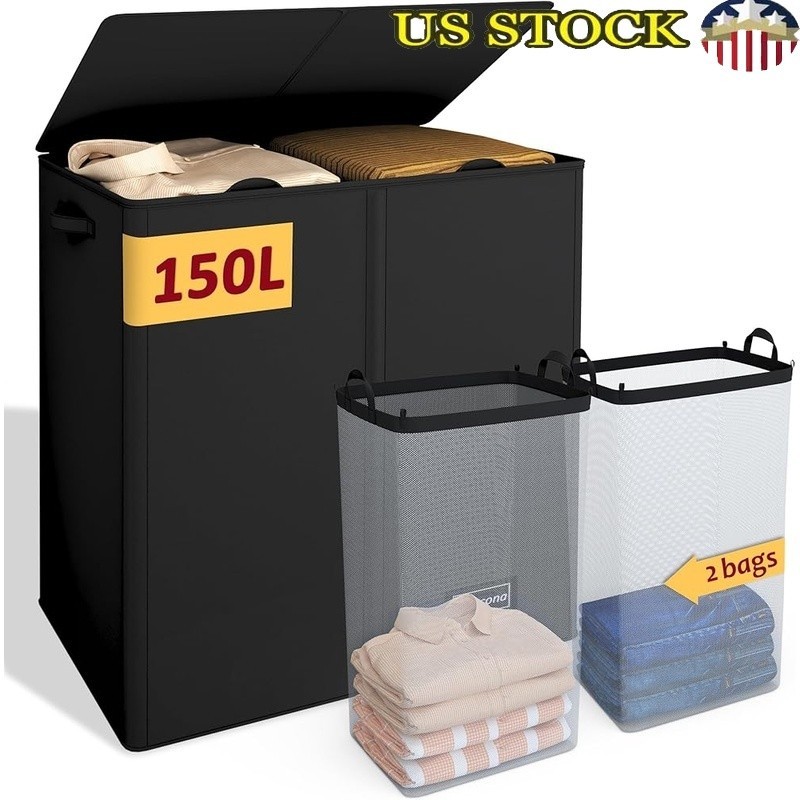 Large 150L Laundry Hamper W/ Lid 2 Section Compartment Durable Storage Basket US
