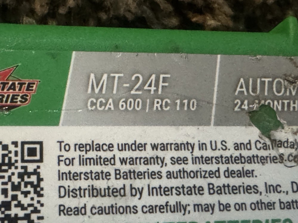 Interstate MT-24F Battery. 600ccas . 11/25 Date