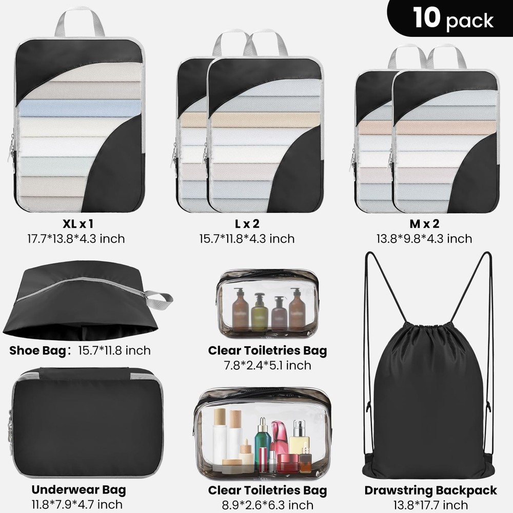 10 Set Compression Packing Cubes, Lightweight Travel Essentials, Stretchable ...