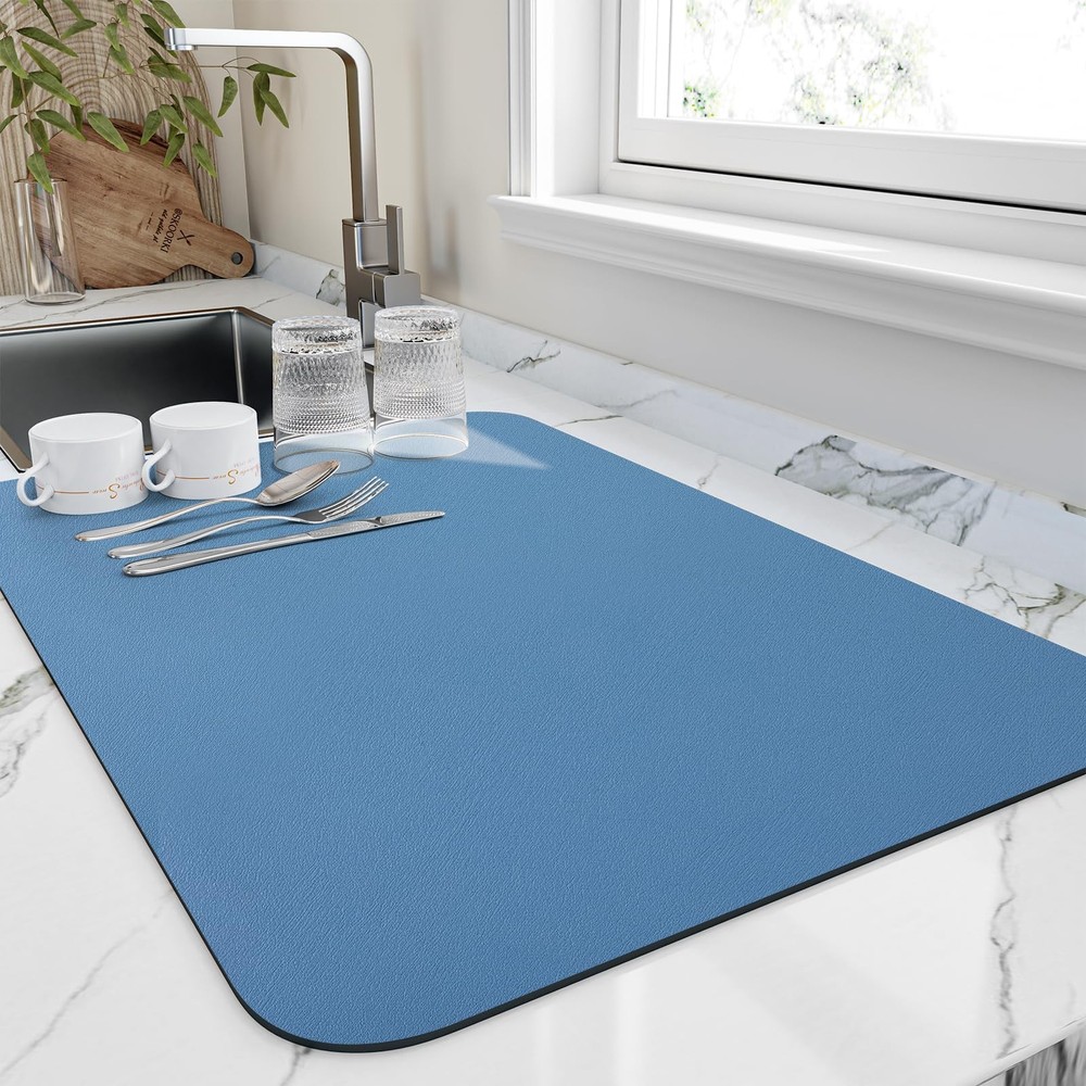 HotLive Dish Drying Mat for Kitchen Counter, Heat Resistant 16" x 18", Blue