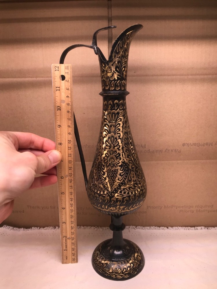 Bidriware style solid brass pitcher large engraved carafe vase