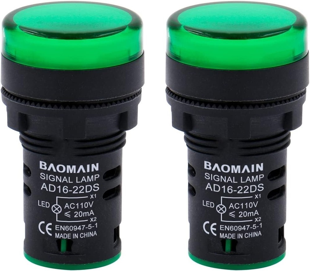 Durable Green Panel Mount LED Lights, 110V AC, Ideal for Industrial Use, 2-Pack