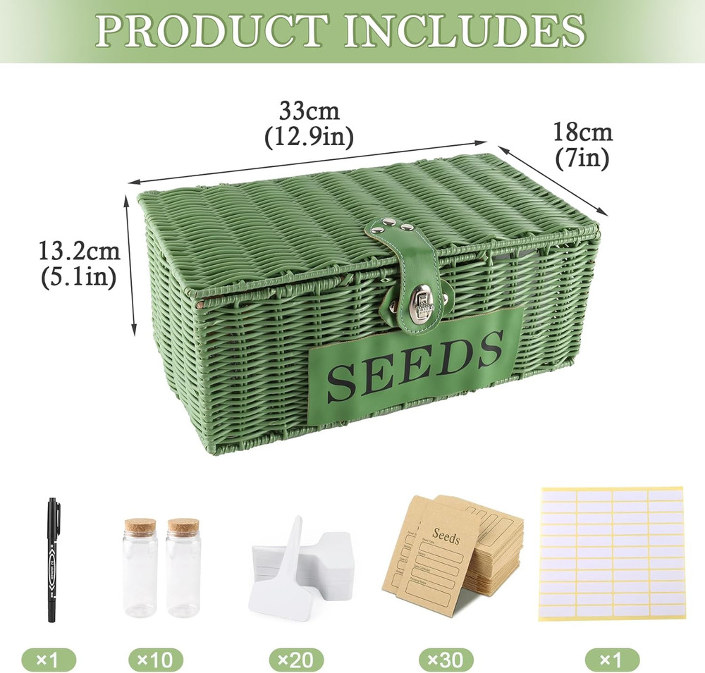 Seed Storage Organizer, 4 Compartment Seed Box with Safety Lock, Poly Wicker Bas