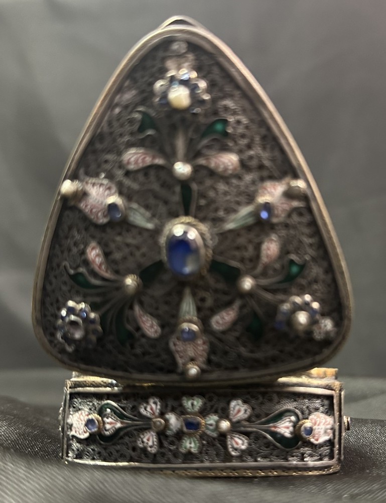 Antique Austrian Jeweled Silver Box Enameled Triangular with Great Work