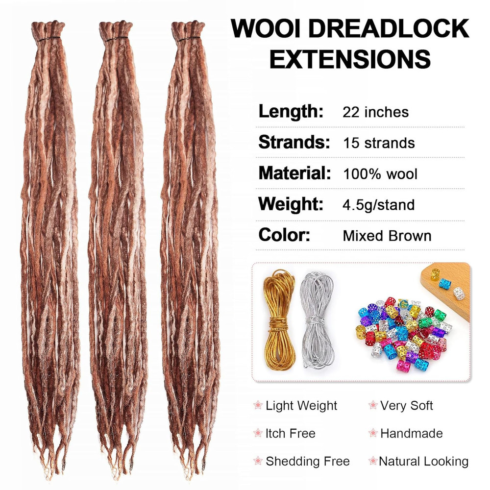 22 Inch Wool Double Ended Dreadlock Extensions,15 Strands DE Ends Mixed Brown Sy