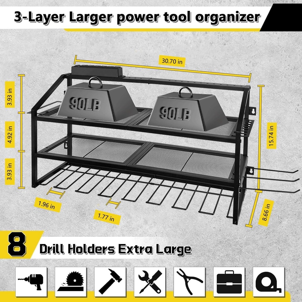 Power Tool Organizer Wall Mount with Charging Station, 3 Layer Storage Rack