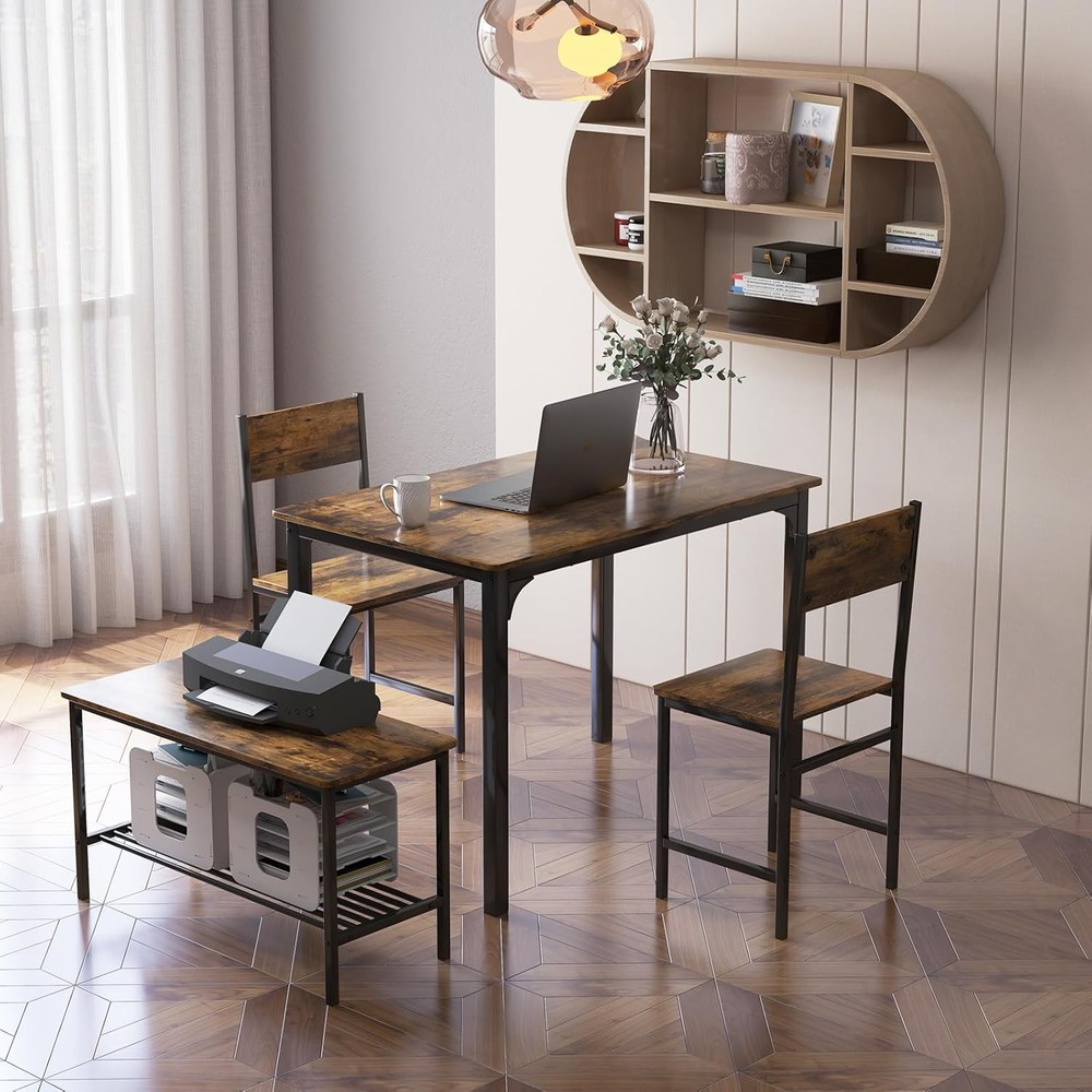 Dining Table Set 4 Kitchen Table W/ Bench & Chairs Industrial Gathering Bench