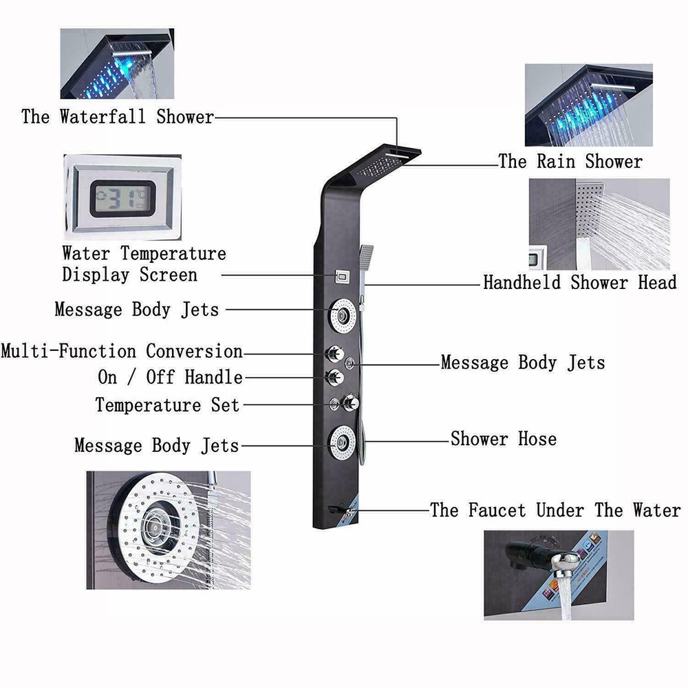 ELLO&ALLO Shower Panel Tower LED Rainfall Waterfall Massage System Body Sprayer