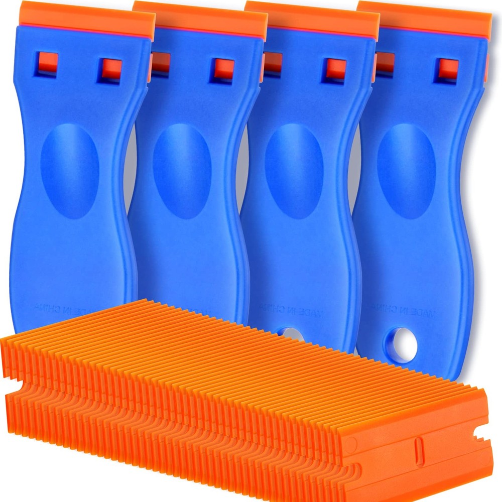 4 Pcs Plastic Razor Blade Scraper and 100 Blades, Remove Label Decal Blue