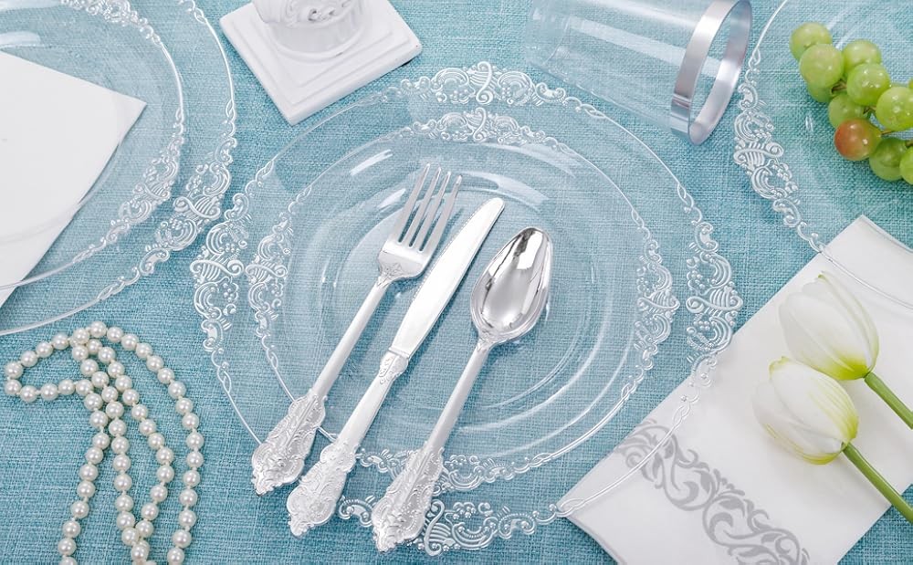 Clear Sier Plastic Plates -Include 50 Plates, 25 Cups, 25